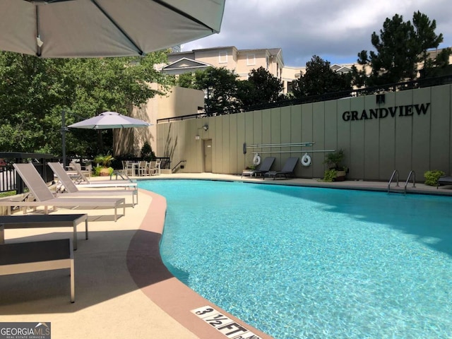 pool with fence and a patio