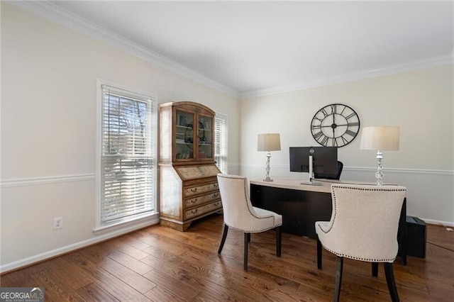 home office featuring baseboards, ornamental molding, and wood finished floors