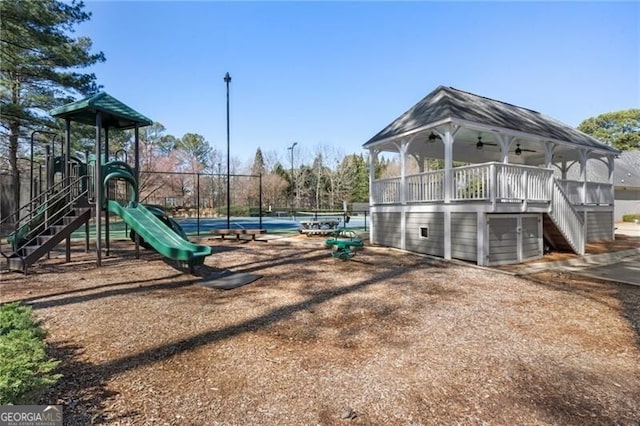 community playground with ceiling fan and stairway