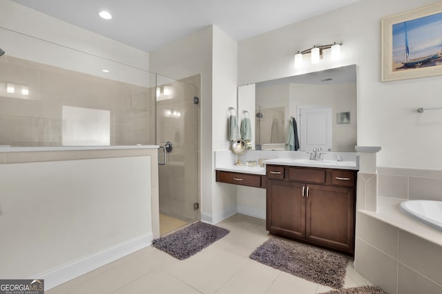 full bath with tile patterned floors, a shower stall, a bath, and vanity