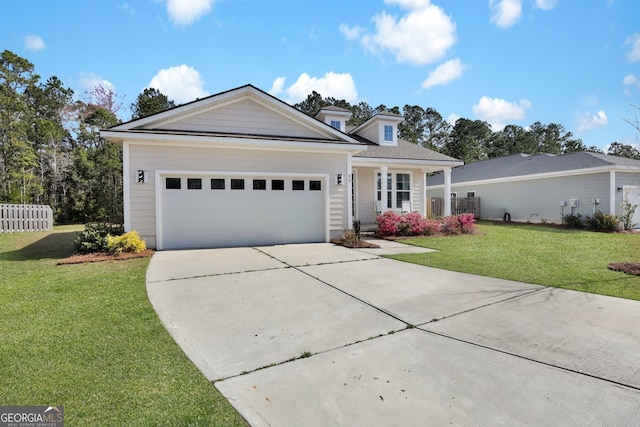 single story home featuring an attached garage, fence, a front lawn, and concrete driveway