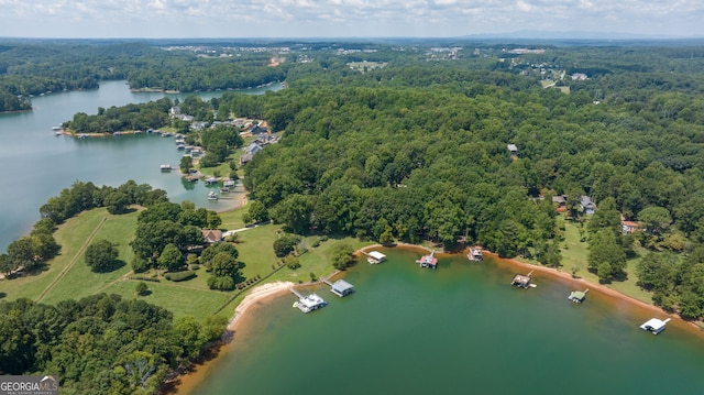 aerial view featuring a wooded view and a water view