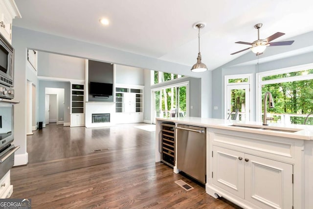 kitchen with a ceiling fan, a sink, stainless steel appliances, wine cooler, and a glass covered fireplace