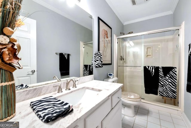 full bathroom with toilet, a stall shower, crown molding, tile patterned flooring, and vanity