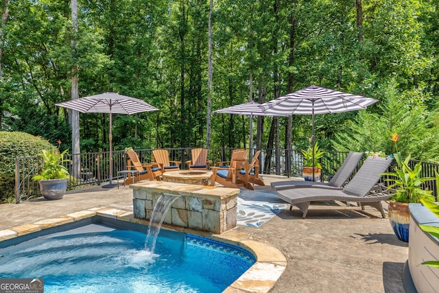 view of pool featuring fence and a patio
