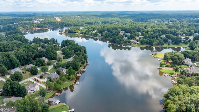 bird's eye view with a water view and a view of trees