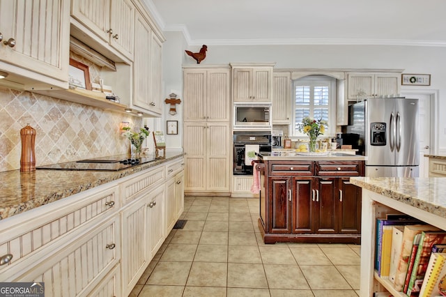 kitchen featuring light tile patterned floors, black appliances, ornamental molding, and backsplash