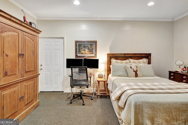 bedroom with carpet floors, ornamental molding, and recessed lighting