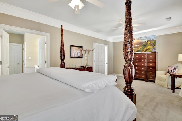 bedroom with ceiling fan, crown molding, and light colored carpet