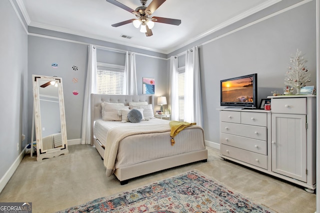 bedroom featuring light carpet, baseboards, visible vents, and ornamental molding