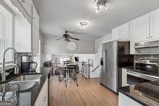 kitchen featuring light wood finished floors, under cabinet range hood, stainless steel appliances, white cabinetry, and a sink