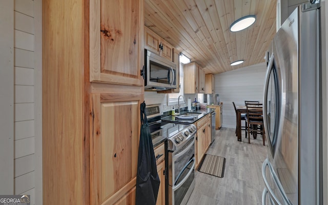 kitchen with light wood-style flooring, light brown cabinetry, appliances with stainless steel finishes, wood ceiling, and a sink