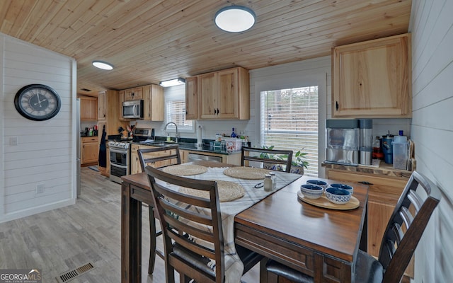 dining room featuring visible vents, wooden walls, wood ceiling, and light wood-style floors