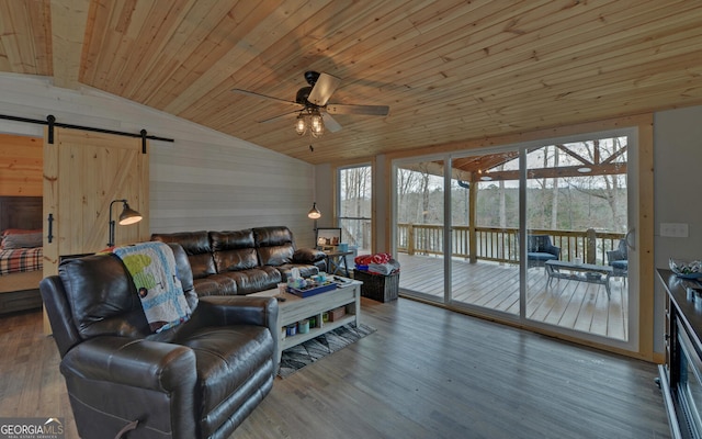 living room with lofted ceiling, wood finished floors, and wood ceiling