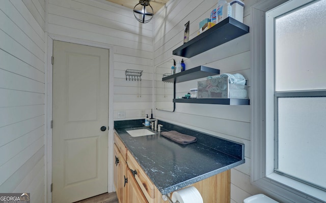 bathroom featuring wooden walls and vanity