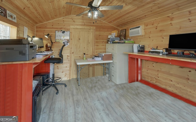 office area with lofted ceiling, wood ceiling, wooden walls, and a wall mounted AC