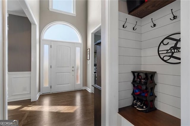 entryway with dark wood-type flooring and a towering ceiling