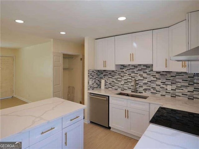 kitchen with a sink, white cabinets, and stainless steel dishwasher