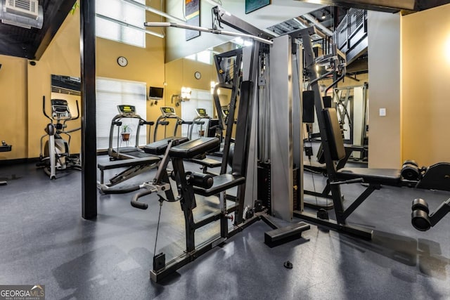 exercise room with a towering ceiling