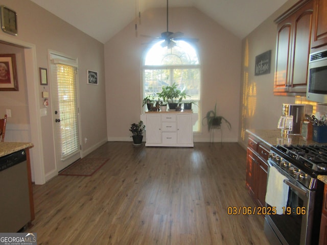 kitchen with appliances with stainless steel finishes, wood finished floors, and a wealth of natural light