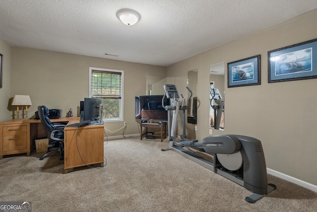 office area with carpet, a textured ceiling, and baseboards