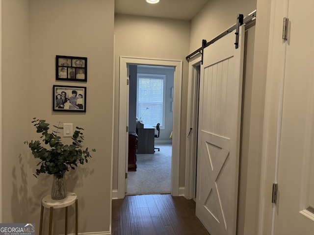 hallway with baseboards, recessed lighting, a barn door, and dark wood-type flooring