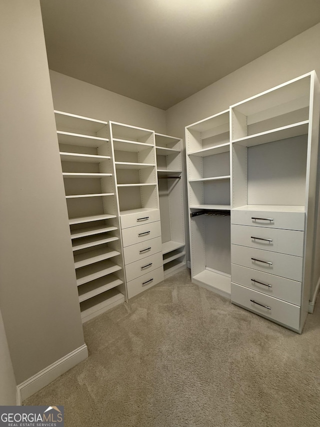 walk in closet featuring light carpet