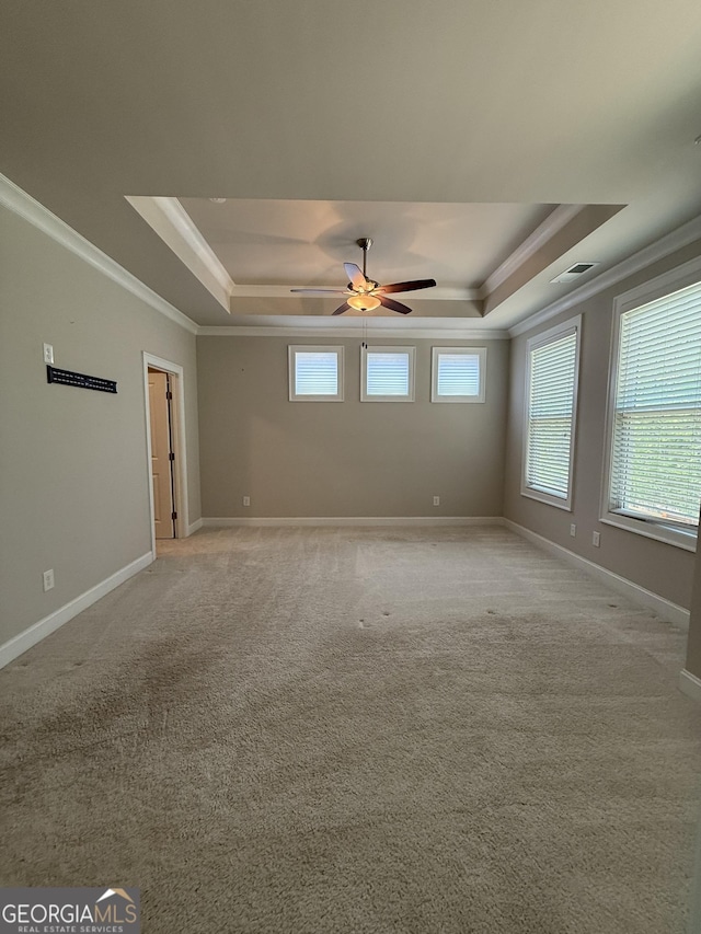unfurnished room with a ceiling fan, plenty of natural light, a raised ceiling, and ornamental molding