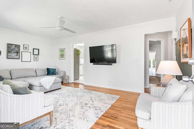 living room featuring ceiling fan, a textured ceiling, baseboards, light wood-style floors, and crown molding