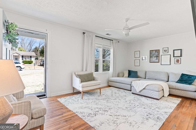 living area featuring hardwood / wood-style floors, a textured ceiling, and a wealth of natural light