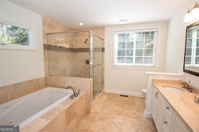 full bathroom with visible vents, a stall shower, vanity, baseboards, and a tub with jets