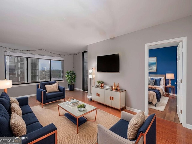 living area featuring baseboards and wood finished floors