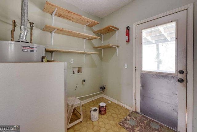 laundry room featuring laundry area, baseboards, hookup for an electric dryer, water heater, and washer hookup