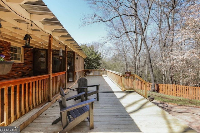 wooden terrace featuring fence