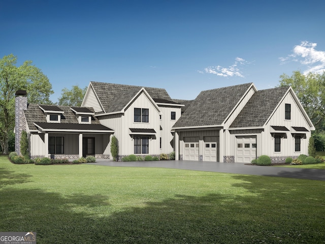 modern farmhouse style home featuring a standing seam roof, board and batten siding, and a front yard