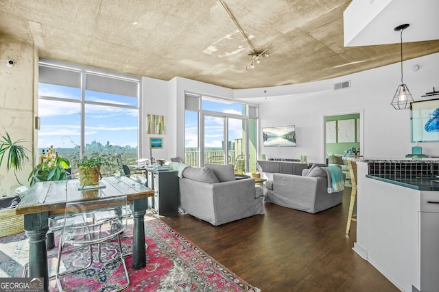 living area with dark wood finished floors, visible vents, and a wall of windows