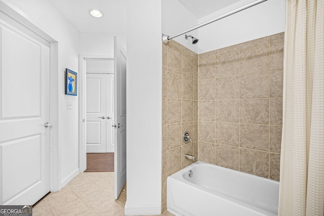 bathroom with recessed lighting, baseboards, tile patterned flooring, and shower / bath combination with curtain