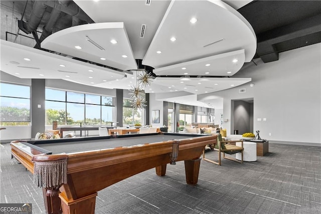 playroom with a wealth of natural light, recessed lighting, billiards, and carpet