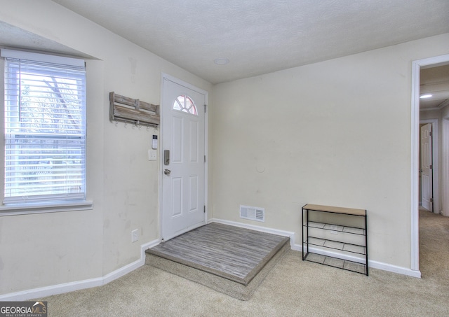 carpeted foyer with plenty of natural light, a textured ceiling, visible vents, and baseboards