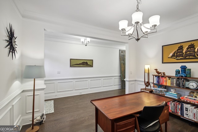 office space featuring a chandelier, dark wood-style flooring, a wainscoted wall, and crown molding