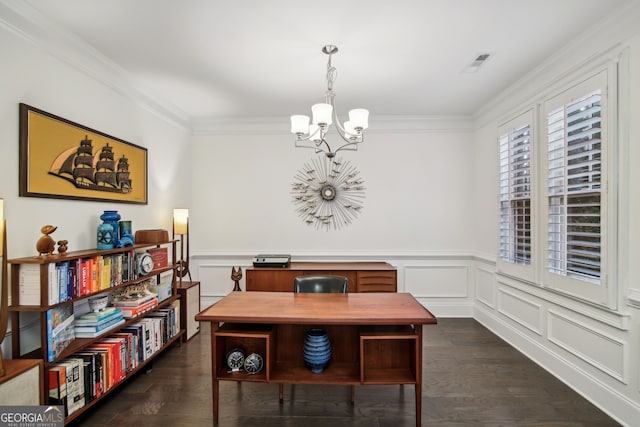 dining space with dark wood-style floors, a wainscoted wall, crown molding, visible vents, and a chandelier