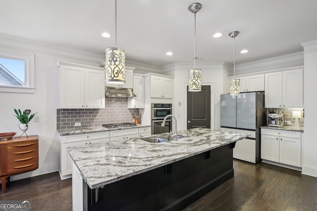 kitchen featuring under cabinet range hood, appliances with stainless steel finishes, a sink, and ornamental molding