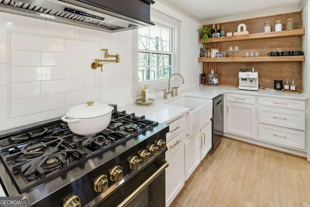 kitchen with dishwashing machine, custom exhaust hood, light countertops, crown molding, and a sink