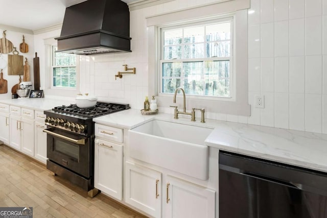 kitchen featuring dishwasher, gas range, a healthy amount of sunlight, premium range hood, and a sink