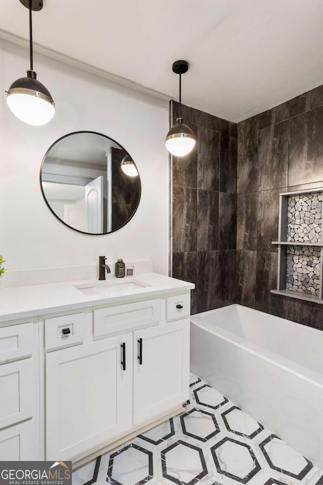 full bathroom with vanity and a combined bath / shower with rainfall shower