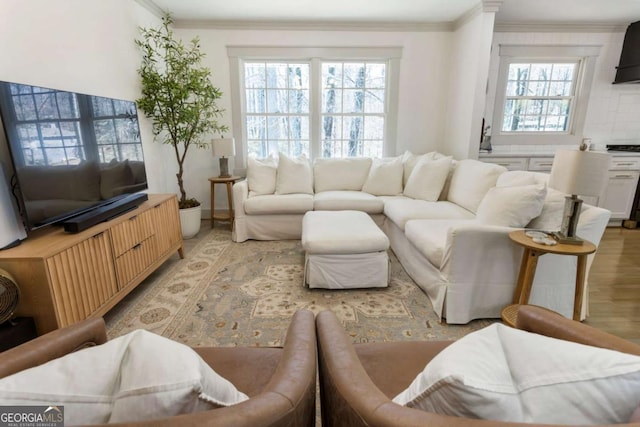 living room featuring light wood-style floors and crown molding