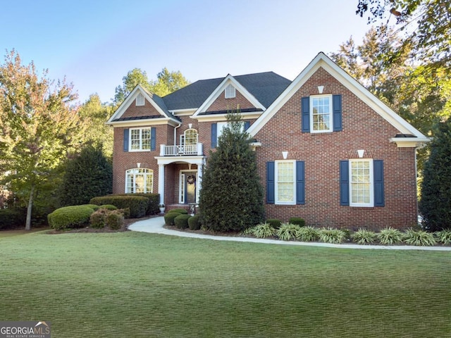 georgian-style home featuring a front yard, a balcony, and brick siding