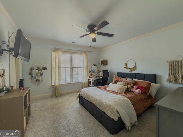 bedroom with a ceiling fan, baseboards, visible vents, ornamental molding, and light colored carpet