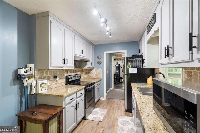 kitchen featuring under cabinet range hood, appliances with stainless steel finishes, light wood-style floors, and backsplash