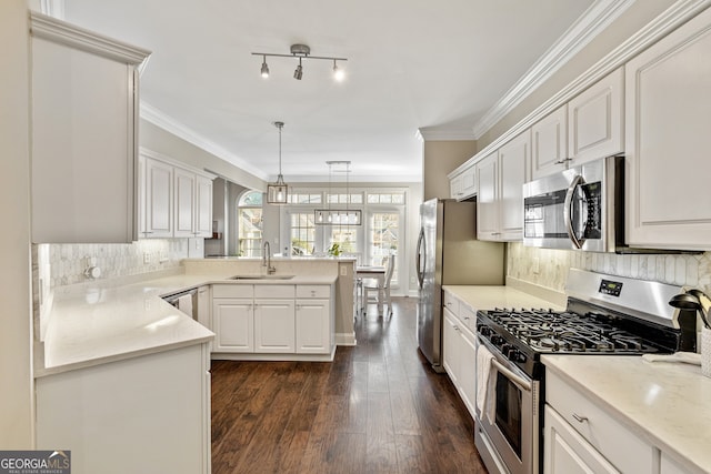 kitchen featuring a sink, appliances with stainless steel finishes, a peninsula, and ornamental molding